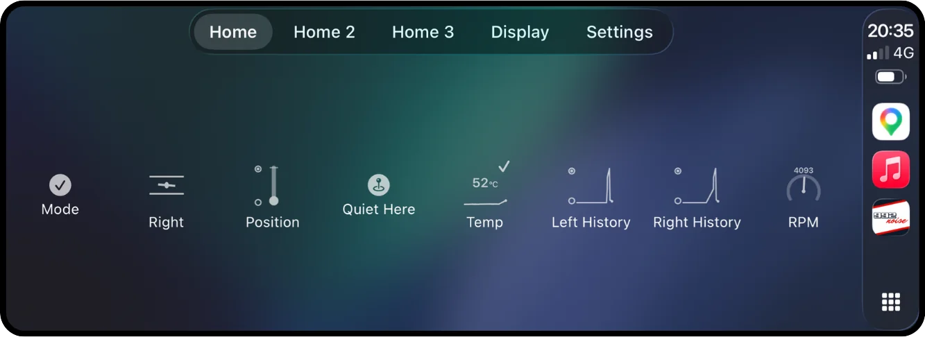 992noise CarPlay Home screen with mode, valve position, history graphs, temperature and RPM