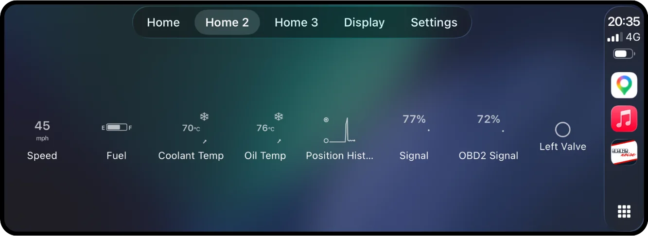 992noise CarPlay Home 2 screen with speed, fuel, coolant and oil temperature and signal strength