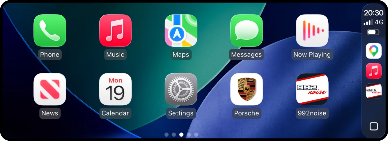 992noise app icon on the Apple CarPlay home screen next to Phone, Maps and Porsche