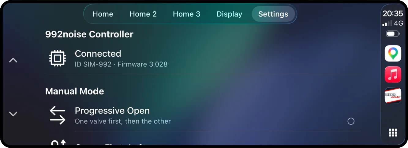 992noise CarPlay Settings screen showing connection, firmware, Manual Mode and Progressive Open