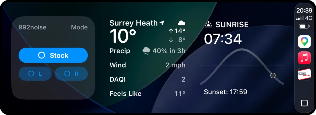 992noise widget on the CarPlay dashboard next to weather and sunrise widgets