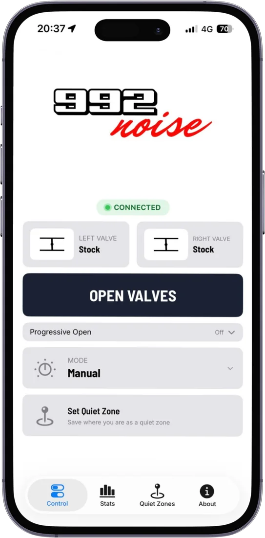 992noise iPhone app Control screen showing connection status, left and right valve status and the Open Valves button