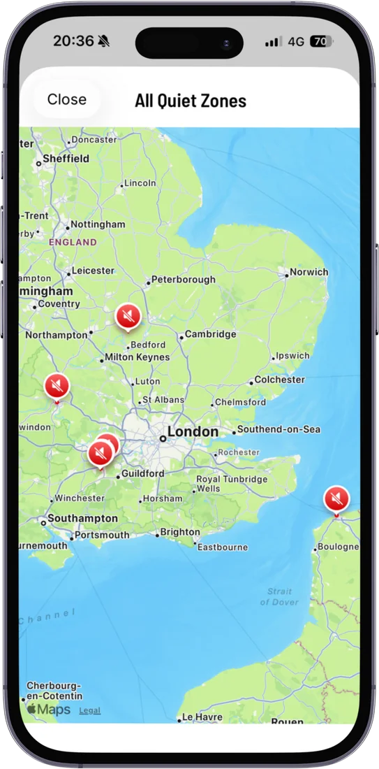 Map of all saved 992noise quiet zones across south-east England