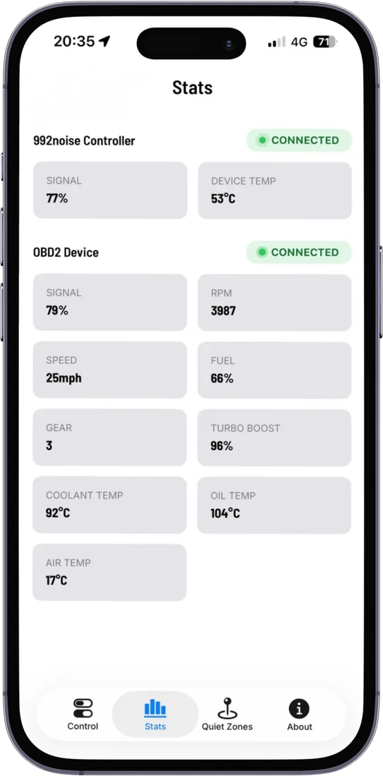 992noise iPhone app Stats screen showing controller signal and temperature plus live OBD2 data