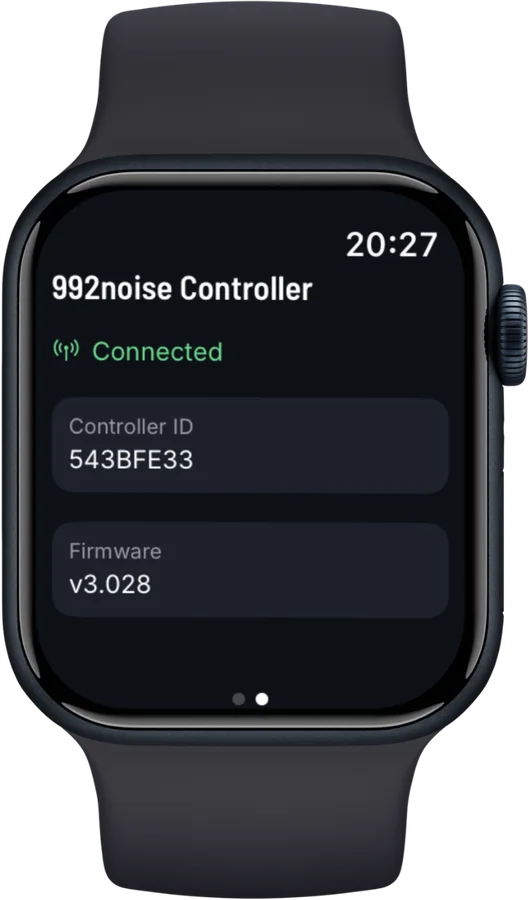 992noise Apple Watch app showing connection, controller ID and firmware